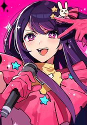  1girl arm_up blush commentary gloves hair_ornament hand_up higashiyama_(m_hvmi) highres holding holding_microphone hoshino_ai_(oshi_no_ko) long_hair microphone open_mouth oshi_no_ko pink_eyes pink_gloves purple_hair rabbit_hair_ornament solo star-shaped_pupils star_(symbol) star_hair_ornament symbol-shaped_pupils teeth upper_body v 