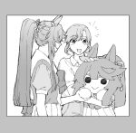  2girls animal_ears bandaid bandaid_on_face bandaid_on_nose blush bow bowtie character_doll collared_shirt doll female_trainer_(umamusume) greyscale high_ponytail holding holding_doll horse_ears long_hair monochrome multiple_girls narita_brian_(umamusume) notice_lines open_mouth sailor_collar shirt short_sleeves sketch skirt smile umamusume uruimu 