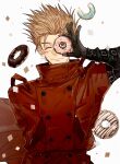  1boy arm_up black_gloves blonde_hair blue_eyes closed_mouth cowboy_shot doughnut earrings food gannnmoo gloves highres holding holding_food jacket jewelry long_sleeves male_focus one_eye_closed red_jacket short_hair single_earring smile solo spiky_hair standing trigun vash_the_stampede white_background 