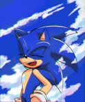  1boy animal_ears animal_nose chromatic_aberration closed_eyes clouds commentary_request furry furry_male gloves korean_commentary male_focus malleng_sonic open_mouth smile solo sonic_(series) sonic_the_hedgehog standing white_gloves 