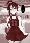  1girl bag c-ms_(girls&#039;_frontline) chair choker closed_mouth cup dress dress_tug drinking_glass gendouki girls_frontline hair_bun holding holding_bag looking_at_viewer monochrome pout railing rooftop skirt skirt_tug standing table tablecloth wine_glass 