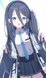  1girl aris_(blue_archive) black_hair black_hairband black_skirt blue_archive blue_eyes blue_hair blue_necktie blush collared_shirt commentary_request dark_blue_hair hair_between_eyes hairband halo highres holding holding_hair jacket long_hair long_sleeves looking_at_viewer necktie one_side_up open_clothes open_jacket open_mouth partial_commentary pleated_skirt reijing_etrn ringed_eyes shirt simple_background skirt smile solo very_long_hair white_background white_jacket white_shirt 