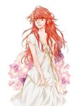 1girl artist_name dress flower ice_(lily_love) lily_love long_hair looking_afar parted_lips ratana_satis red_eyes redhead short_hair signature solo white_dress 