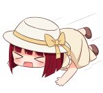  &gt;_&lt; 1girl all_fours arima_kana bow brown_bow brown_dress brown_footwear chibi closed_eyes dress full_body hana_kazari hat hat_bow highres open_mouth oshi_no_ko revision shoes short_sleeves solo sun_hat wavy_mouth white_background white_headwear 