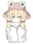 1girl :/ blonde_hair closed_mouth commentary_request cropped_torso floppy_sleeves fumomono hair_between_eyes hat highres long_hair long_sleeves looking_at_viewer moriya_suwako simple_background sketch sleeves_past_fingers sleeves_past_wrists solo straight-on touhou upper_body white_background 