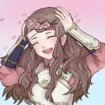  1girl armor brown_hair closed_eyes dottedclouds fire_emblem fire_emblem_fates hana_(fire_emblem) head_wreath highres japanese_armor japanese_clothes long_hair open_mouth petals sidelocks smile teeth upper_teeth_only 