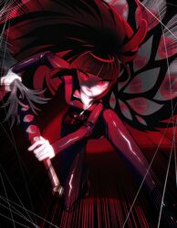  1girl black_hair blunt_bangs cigarette e.g.o_(project_moon) extra_eyes highres jacket limbus_company long_hair long_sleeves looking_at_viewer nonggang_1227 pants project_moon red_eyes ryoshu_(limbus_company) sheath sidelocks silk solo spider_bud spider_web track_jacket track_pants unsheathing very_long_hair 