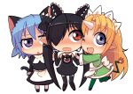  3girls :d animal_ears apron backbeako backbeard black_dress black_footwear black_gloves black_hair black_ribbon black_thighhighs blonde_hair blue_eyes blue_hair blush cat_ears cat_tail cheek-to-cheek chibi chibi_yami commentary_request dress elbow_gloves fire flame-tipped_tail full_body futaba_channel gegege_no_kitarou gloves green_dress green_thighhighs hair_between_eyes hair_over_one_eye hair_ribbon heads_together holding_hands horns jitome kirin_(nijiura_maid) kotonomiya_yuki long_hair long_sleeves looking_at_viewer looking_to_the_side maid_headdress multiple_girls nijiura_maids one_eye_closed open_mouth original partial_commentary pointy_ears red_eyes ribbon ringed_eyes short_hair simple_background single_horn sleeveless sleeveless_dress smile standing standing_on_one_leg tail thigh-highs torotei triangle_mouth twintails very_long_hair waist_apron white_apron white_background white_thighhighs yami_yuki 