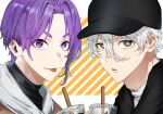  2boys 58hrprtr :p baseball_cap black_headwear blue_lock bright_pupils commentary_request cup drinking_straw hair_between_eyes hat highres looking_at_viewer male_focus mikage_reo multiple_boys nagi_seishirou open_mouth purple_hair short_hair thick_eyebrows tongue tongue_out turtleneck violet_eyes white_hair white_pupils 