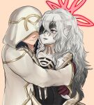  1boy 1girl bat_girl dottedclouds embla_(fire_emblem) fire_emblem fire_emblem_heroes hetero highres hooded_robe hug kiran_(fire_emblem) kiran_(male)_(fire_emblem) long_hair pointy_ears red_eyes robe white_hair 