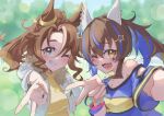  2girls absurdres animal_ears bare_shoulders blue_hair blurry blurry_background blush bracelet brown_hair clothing_cutout colored_inner_hair commentary_request daitaku_helios_(umamusume) ear_covers ear_ornament ear_piercing facial_tattoo fang fur-trimmed_jacket fur_trim grin gyaru_v hair_ornament hairclip highres horse_ears horse_girl jacket jewelry long_sleeves looking_at_viewer mejiro_palmer_(umamusume) multicolored_hair multiple_girls necklace one_eye_closed open_clothes open_jacket outdoors piercing ponytail shoulder_cutout side_ponytail smile streaked_hair tattoo umamusume upper_body v white_hair white_jacket yakousei_a yellow_eyes 