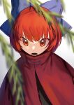  1girl absurdres black_shirt blue_bow bow branch cape hair_bow highres medium_hair nanashi_nasi open_mouth red_cape red_eyes redhead sekibanki shirt solo touhou upper_body white_background 
