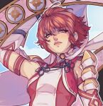  1girl armor bare_shoulders capelet close-up dress fire_emblem fire_emblem_fates garter_straps gloves hinoka_(fire_emblem) iaurencin lips red_dress red_eyes redhead short_hair shoulder_armor solo v-shaped_eyebrows white_capelet 