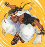  1boy baggy_pants beard black_skin brown_eyes brown_hair colored_skin dark-skinned_male dark_skin facial_hair fingerless_gloves gloves grin head_scarf highres looking_at_viewer luci_omi_gusu male_focus midair open_clothes open_shirt orange_background pants rashid_(street_fighter) smile solo street_fighter street_fighter_6 teeth v-shaped_eyebrows white_pants 