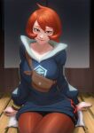  1girl arezu_(pokemon) brown_bag indoors looking_at_viewer pantyhose pokemon pokemon_(game) pokemon_legends:_arceus red_eyes redhead short_hair sitting smile smug solo thick_thighs thighs wide_hips zetman92 