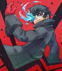  1boy amamiya_ren black_hair black_jacket gloves glowing glowing_eye highres jacket long_sleeves male_focus mask nostrils persona persona_5 red_background red_eyes red_gloves short_hair smirk solo white_mask yanedx 