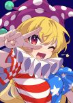  1girl absurdres blonde_hair blush clownpiece e_sdss hair_between_eyes highres long_hair one_eye_closed open_mouth red_eyes smile solo touhou 