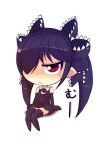  1girl backbeako backbeard black_dress black_gloves black_hair black_ribbon black_thighhighs blush chibi closed_mouth commentary dress elbow_gloves frown full_body gegege_no_kitarou gloves hair_over_one_eye hair_ribbon jitome long_hair looking_at_viewer original pointy_ears red_eyes ribbon ringed_eyes simple_background sitting sleeveless sleeveless_dress solo thigh-highs torotei translated twintails white_background 