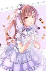  1girl absurdres blush citrusmikan commentary_request dress drill_hair flower frilled_dress frills gloves hair_flower hair_ornament hair_ribbon highres holding holding_tray idolmaster idolmaster_shiny_colors long_hair looking_at_viewer open_mouth osaki_amana puffy_short_sleeves puffy_sleeves purple_dress purple_gloves redhead ribbon see-through see-through_sleeves short_sleeves side_drill side_ponytail smile solo standing swept_bangs tray yellow_eyes 