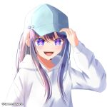  1girl :d adjusting_clothes adjusting_headwear agomo baseball_cap blush commentary_request fangs hair_between_eyes hat hood hoodie hoshino_ai_(oshi_no_ko) long_hair long_sleeves open_mouth oshi_no_ko puffy_sleeves purple_hair shade shadow sidelocks simple_background smile solo star-shaped_pupils star_(symbol) symbol-shaped_pupils teeth twitter_username upper_body upper_teeth_only variant_set violet_eyes white_background white_hoodie 