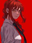  1girl absurdres bags_under_eyes black_necktie braid chainsaw_man closed_mouth collared_shirt eyebrows_hidden_by_hair eyelashes highres long_hair makima_(chainsaw_man) necktie norimaki_(seidan0611) red_background red_theme redhead ringed_eyes shirt sidelocks simple_background smile solo upper_body white_shirt yellow_eyes 