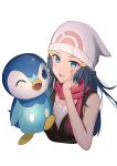  1girl absurdres beanie black_hair black_shirt blue_eyes closed_mouth commentary_request eyelashes hair_ornament hairclip hand_up hat highres hikari_(pokemon) long7nana long_hair pink_scarf piplup pokemon pokemon_(anime) pokemon_(creature) pokemon_dppt_(anime) scarf shirt simple_background sleeveless sleeveless_shirt tongue tongue_out white_background white_headwear 