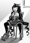  1girl animal_ear_fluff animal_ears book boots cat_ears cat_girl chair commentary_request detached_sleeves dress fold-over_boots full_body greyscale gun_fellatio_(shingeki_no_kyojin) karyl_(princess_connect!) long_hair looking_up low_twintails medium_bangs meme monochrome multicolored_clothes multicolored_dress multicolored_hair mushi_gyouza open_mouth parody princess_connect! shingeki_no_kyojin sitting solo staff streaked_hair thigh-highs twintails very_long_hair 