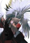  2boys black_gloves black_hair blonde_hair blood blood_on_hands feathered_wings fingerless_gloves gloves hand_up highres jacket long_sleeves male_focus mix_(wkupmix) multiple_boys multiple_wings nicholas_d._wolfwood open_mouth out_of_frame red_jacket short_hair smile trigun vash_the_stampede white_background wings 