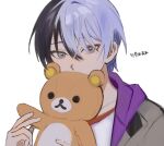  1boy aoyagi_touya blue_hair commentary_request covered_mouth dark_blue_hair grey_eyes hair_between_eyes highres holding holding_stuffed_toy looking_at_viewer male_focus mole mole_under_eye multicolored_hair project_sekai rilakkuma short_hair simple_background so17p solo split-color_hair stuffed_toy two-tone_hair upper_body white_background 