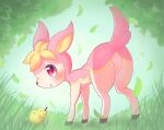  blush deerling deerling_(spring) food fruit grass highres leaf looking_at_viewer no_humans on_grass outdoors pokemon pokemon_(creature) rope_(pixiv_86609436) solo 