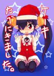  1girl :d backbeako backbeard bell black_hair black_thighhighs blue_background blush bow bowtie christmas commentary dress full_body gegege_no_kitarou gloves gradient_background hair_bell hair_ornament hair_over_one_eye hair_ribbon hands_up hat kneeling long_hair looking_at_viewer open_mouth original pointy_ears red_dress red_eyes red_footwear red_headwear red_ribbon ribbon ringed_eyes santa_hat simple_background sleeveless sleeveless_dress smile solo star_(symbol) straight-on thigh-highs torotei translation_request twintails white_bow white_bowtie white_gloves 