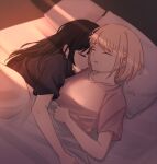  2girls absurdres bed black_hair black_shirt blonde_hair chxoswolf closed_eyes collarbone commentary english_commentary film_grain highres hug inoue_takina long_hair lycoris_recoil lying multiple_girls nishikigi_chisato on_back on_side parted_lips pillow pink_shirt shirt short_hair short_sleeves sidelocks signature sleeping sunlight under_covers yuri 