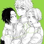  3boys aged_down burn_scar closed_mouth coppe frown gloves green_background greyscale_with_colored_background hanagaki_takemichi hug inui_seishu jacket kokonoi_hajime looking_at_viewer male_focus multiple_boys open_mouth scar scar_on_face short_hair simple_background sweatdrop tokyo_revengers upper_body 