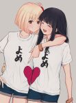  2girls arm_around_neck black_hair blonde_hair blue_nails blue_shorts blush bob_cut bracelet breasts clenched_teeth closed_eyes clothes_writing commentary_request cowboy_shot dutch_angle futaba_(rei-futaba) grey_background hair_between_eyes hair_ribbon hand_on_another&#039;s_waist highres inoue_takina jewelry large_breasts long_hair looking_at_viewer lycoris_recoil matching_outfits medium_breasts multiple_girls nail_polish nishikigi_chisato one_side_up open_mouth pointing red_eyes red_ribbon ribbon shadow shirt short_hair short_sleeves shorts sidelocks simple_background smile t-shirt teeth translated white_shirt yellow_nails yuri 