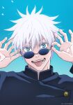  1boy absurdres adjusting_eyewear artist_request bird blue_eyes commentary_request gojou_satoru highres jujutsu_kaisen long_sleeves male_focus official_art open_mouth round_eyewear short_hair solo teeth tongue tongue_out upper_body white_hair 