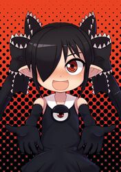  1girl :d backbeako backbeard black_background black_dress black_gloves black_hair black_ribbon blush commentary_request dress elbow_gloves gegege_no_kitarou gloves hair_over_one_eye hair_ribbon halloween long_hair looking_at_viewer open_hands open_mouth orange_background original outstretched_arms pointy_ears red_eyes ribbon ringed_eyes simple_background sleeveless sleeveless_dress smile solo straight-on torotei twintails two-tone_background upper_body variant_set 