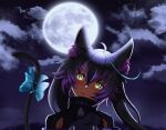  1girl absurdres ahoge animal_ears artist_name azumishard bell black_hair bow cat_ears cat_girl cat_tail celine_(sen_no_kiseki) clouds double-parted_bangs eiyuu_densetsu full_moon green_eyes highres jingle_bell looking_at_viewer moon multicolored_hair night night_sky outdoors sen_no_kiseki sky solo tail tail_bow tail_ornament twintails two-tone_hair 