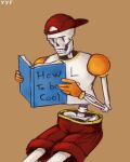  1boy american_football_uniform backwards_hat bone book english_text exposed_bone gloves hat highres holding holding_book papyrus_(undertale) reading shorts sitting skeleton skull spine sportswear teeth undead undertale yyf_(seaknight) 