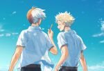  2boys :d ^_^ bakugou_katsuki belt blonde_hair blue_sky blush boku_no_hero_academia brown_belt closed_eyes clouds collared_shirt commentary_request day facing_away hand_up happy holding looking_to_the_side male_focus multicolored_hair multiple_boys omikuji open_mouth outdoors redhead sanda_(tecco2) shirt shirt_tucked_in short_hair short_sleeves sky smile spiky_hair split-color_hair standing todoroki_shouto two-tone_hair white_hair white_shirt wind 