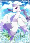  blue_flower blue_sky blurry blurry_background bow closed_mouth clouds cloudy_sky commentary_request commission day depth_of_field flower furry kou_hiyoyo looking_at_viewer mienshao no_humans outdoors pink_flower pokemon pokemon_(creature) purple_bow skeb_commission sky smile solo tail tail_bow tail_ornament violet_eyes 