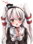  1girl absurdres amatsukaze_(kancolle) brown_dress brown_eyes dress gloves hair_between_eyes hair_tubes hat heart highres kantai_collection lifebuoy_ornament long_hair long_sleeves looking_at_viewer mashiro_yukiya mini_hat open_mouth sailor_dress single_glove smokestack_hair_ornament solo translation_request two_side_up very_long_hair white_gloves white_hair 
