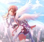  1girl absurdres angel_wings ass bird blue_sailor_collar blue_sky blush building citrusmikan city cityscape clouds cloudy_sky day feathered_wings from_behind hair_ornament highres idolmaster idolmaster_shiny_colors long_hair long_sleeves looking_at_viewer looking_back open_mouth osaki_amana outdoors red_shorts redhead sailor_collar scenery shirt shorts sky smile solo swept_bangs waving white_shirt white_wings wings yellow_eyes 