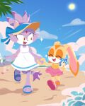  2girls beach blaze_the_cat blue_sky blush cat_girl closed_eyes cream_the_rabbit dress food forehead_jewel hat highres holding_hands lou_lubally multiple_girls ocean popsicle purple_fur rabbit_girl sand sandals skirt sky smile sonic_(series) sonic_rush sonic_the_hedgehog sun sun_hat sundress yellow_eyes 