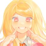  1girl akamatsu_kaede annie_ho blonde_hair collared_shirt danganronpa_(series) danganronpa_v3:_killing_harmony grin hands_on_own_cheeks hands_on_own_face highres index_finger_raised long_hair looking_at_viewer necktie no_hair_ornament orange_necktie pink_eyes portrait shirt simple_background smile solo swept_bangs teeth white_background 