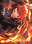  1boy absurdres diluc_(genshin_impact) fire genshin_impact hair_between_eyes highres long_hair male_focus mirin. open_mouth ponytail pyrokinesis red_eyes redhead solo sword weapon 