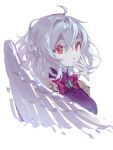  1girl ahoge brown_jacket chinese_commentary dress grey_hair hair_between_eyes highres jacket kishin_sagume open_clothes open_jacket parted_lips purple_dress red_eyes ringo_no_usagi_(artist) short_hair simple_background single_wing solo touhou upper_body white_background white_wings wings 