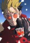  1boy black_gloves black_hair blonde_hair blue_eyes cup drinking_glass earrings glasses gloves hand_up highres holding holding_cup jacket jewelry looking_at_viewer male_focus mix_(wkupmix) mole mole_under_eye multicolored_hair orange-tinted_eyewear parted_lips red_jacket round_eyewear short_hair shot_glass single_earring smile solo tinted_eyewear trigun two-tone_hair upper_body vash_the_stampede 
