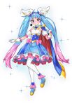  1girl absurdres ahoge ankle_boots blue_cape blue_dress blue_eyes blue_footwear blue_hair blush boots bow cape clenched_hand closed_mouth commentary cure_sky cut_bangs detached_sleeves dress earrings frilled_dress frills fringe_trim full_body gloves heart highres hirogaru_sky!_precure jewelry long_hair looking_at_viewer magical_girl medium_dress multicolored_hair pantyhose pink_bow pink_hair precure puffy_detached_sleeves puffy_sleeves red_cape simple_background single_earring sleeveless sleeveless_dress smile solo sora_harewataru sparkle standing standing_on_one_leg streaked_hair timtim_(tim99292) twintails two-sided_cape two-sided_fabric very_long_hair white_background white_gloves white_pantyhose wing_hair_ornament 