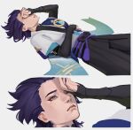  1boy bishounen blue_hair cowboy_shot crying genshin_impact hand_on_own_face hand_up highres japanese_clothes kudsnk lying male_focus multiple_views short_hair simple_background solo tagme white_background 