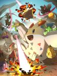  bergmite blue_sky explosion fighting hakkentai_pokedan highres kecleon laser no_humans open_mouth outdoors pokemon pokemon_(creature) running sky togekiss zangoose 